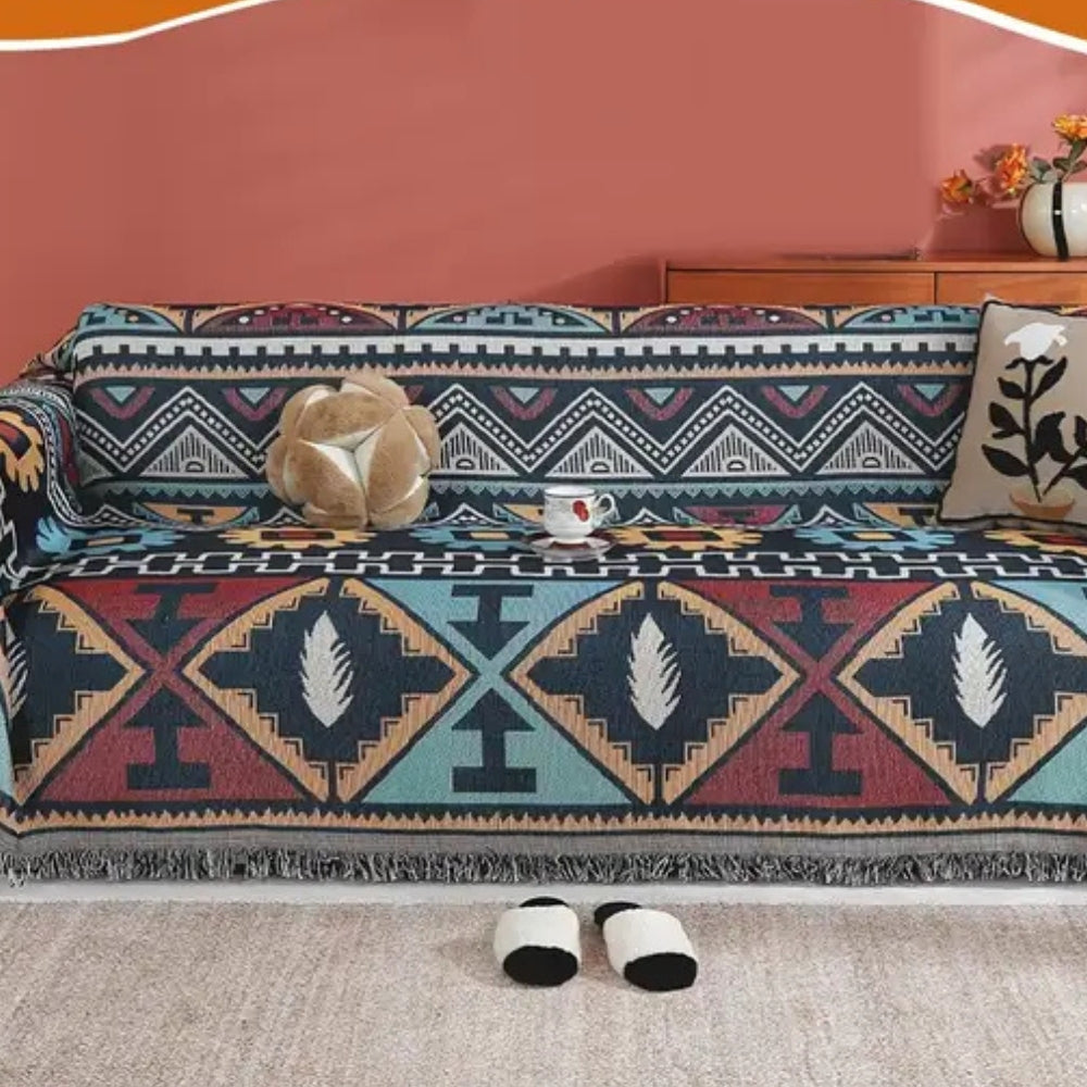 Geometric Pattern Sofa Cover with Boho Style and Tassels