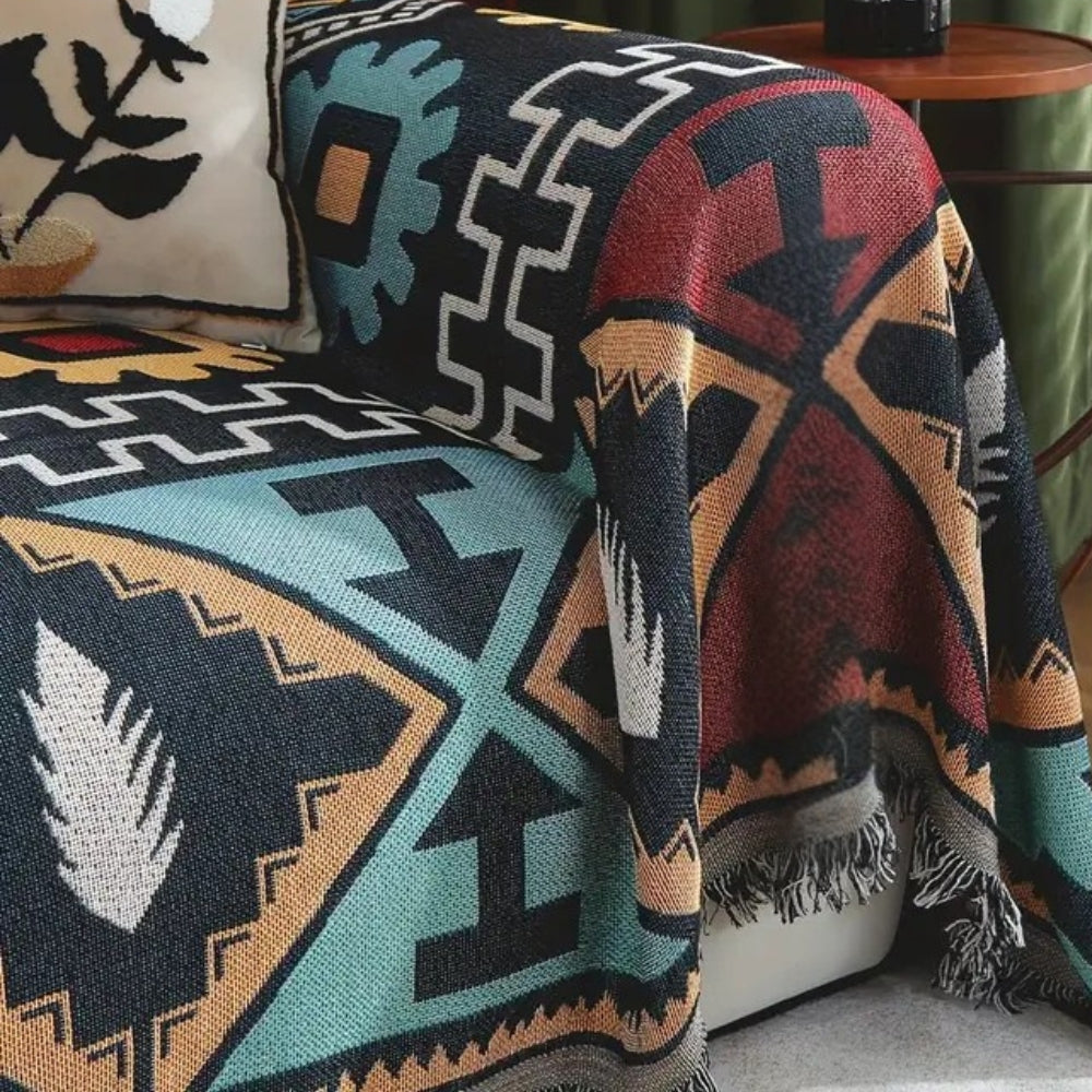 Geometric Pattern Sofa Cover with Boho Style and Tassels