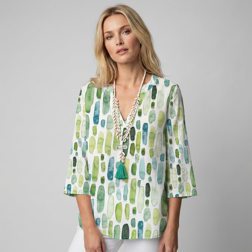 Geometric V-Neck 3/4 Sleeve Blouse - Zayda