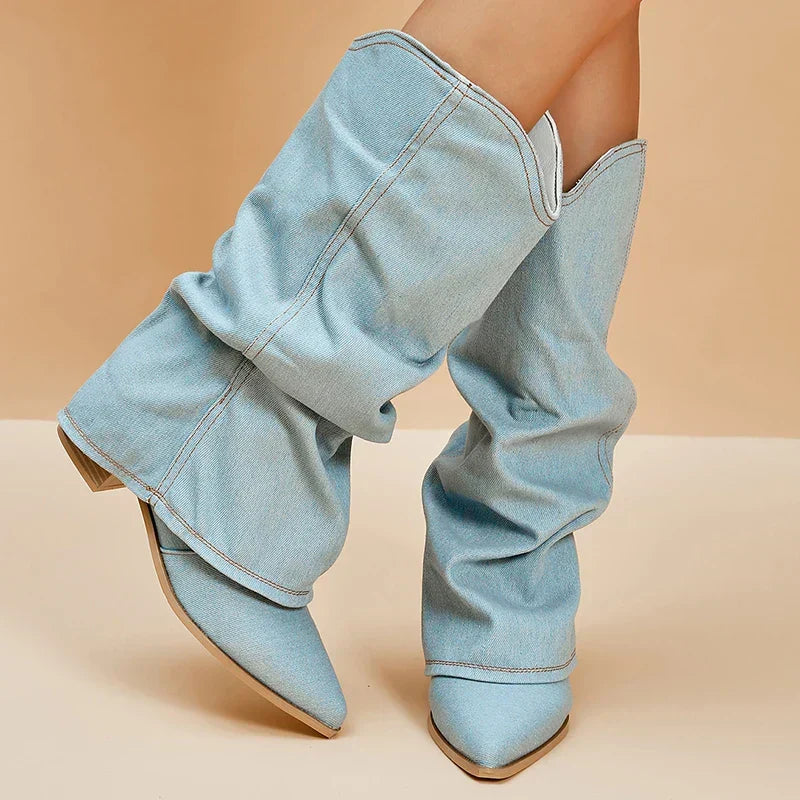 Botas vaqueras de mezclilla para mujer, de estilo western y punta afilada