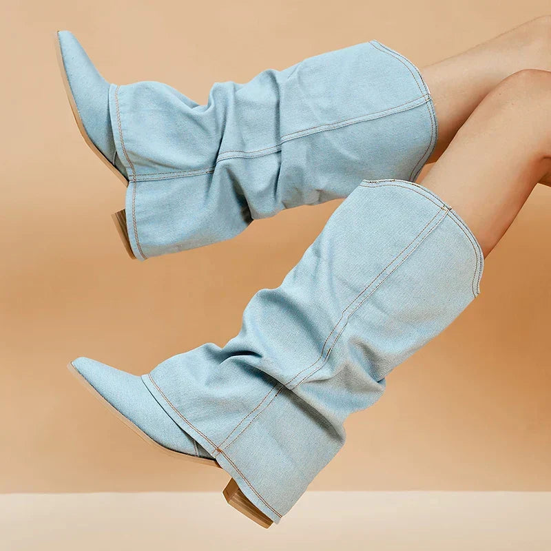 Bottes de cowboy en jean pour femme, hautes et à bout pointu