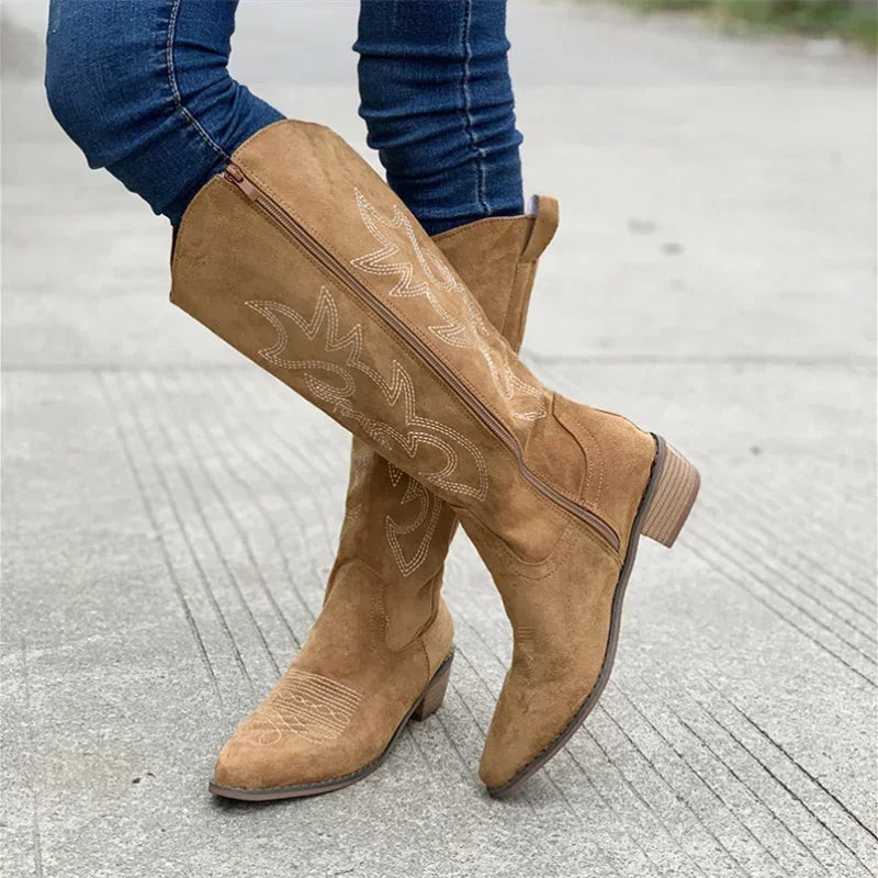 Embroidered Western Cowboy Boots with Low Heel for Women