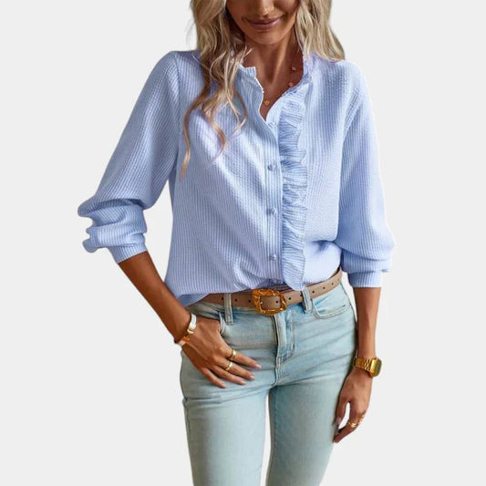 Blusa de rayas para mujer con volantes y cierre elegante con botones