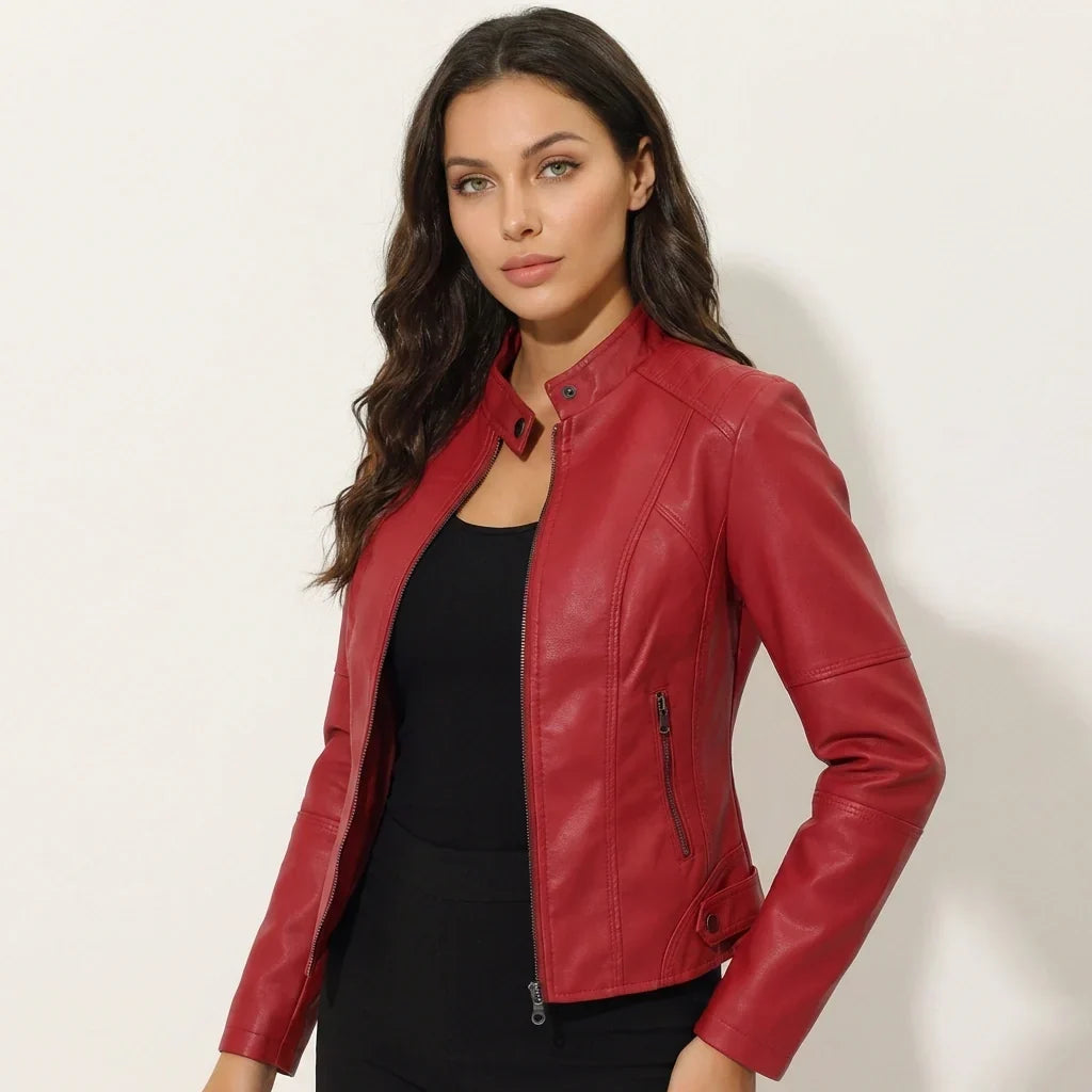 Ladies Tailored Leather Jacket with Zip Pockets and Press Stud Collar