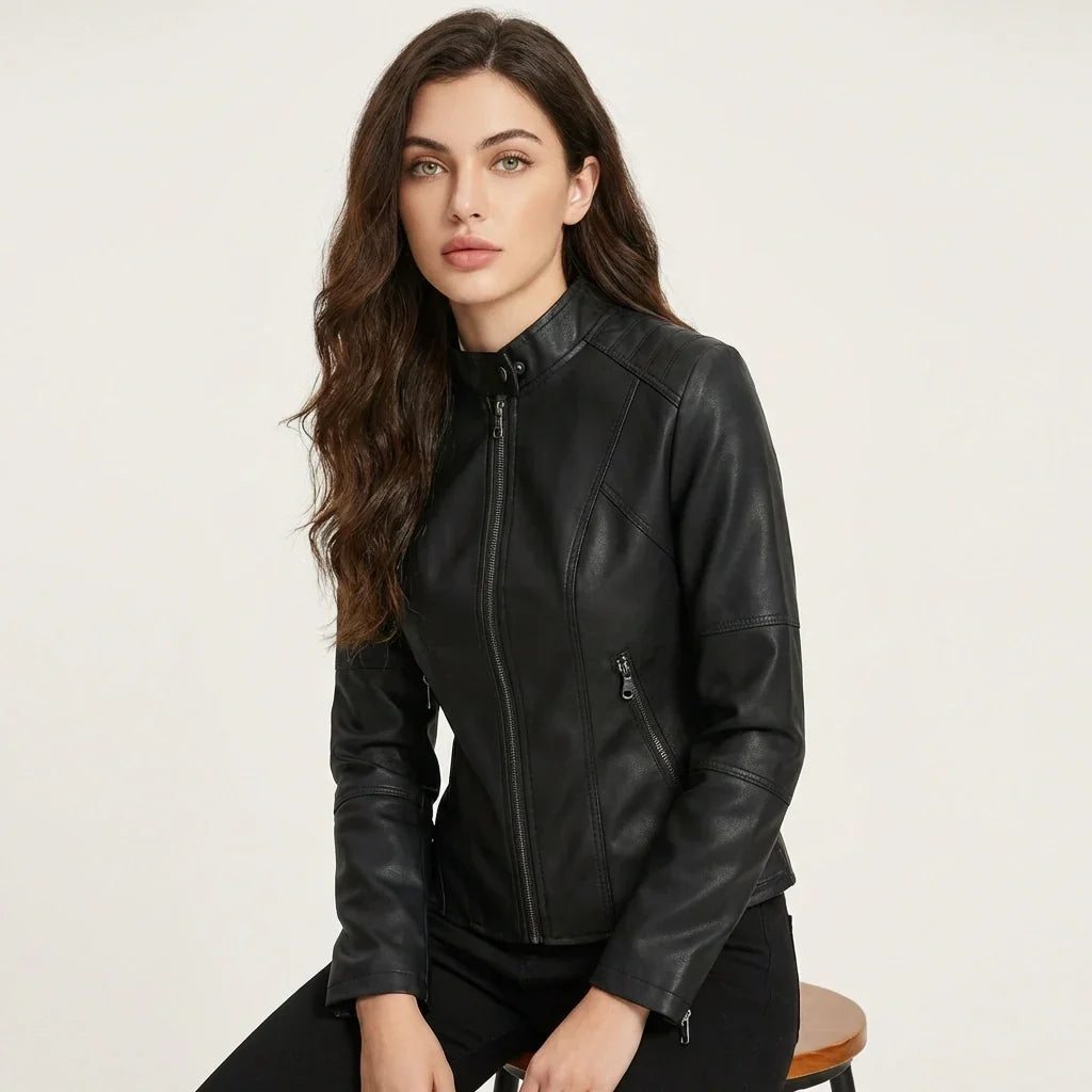 Ladies Tailored Leather Jacket with Zip Pockets and Press Stud Collar