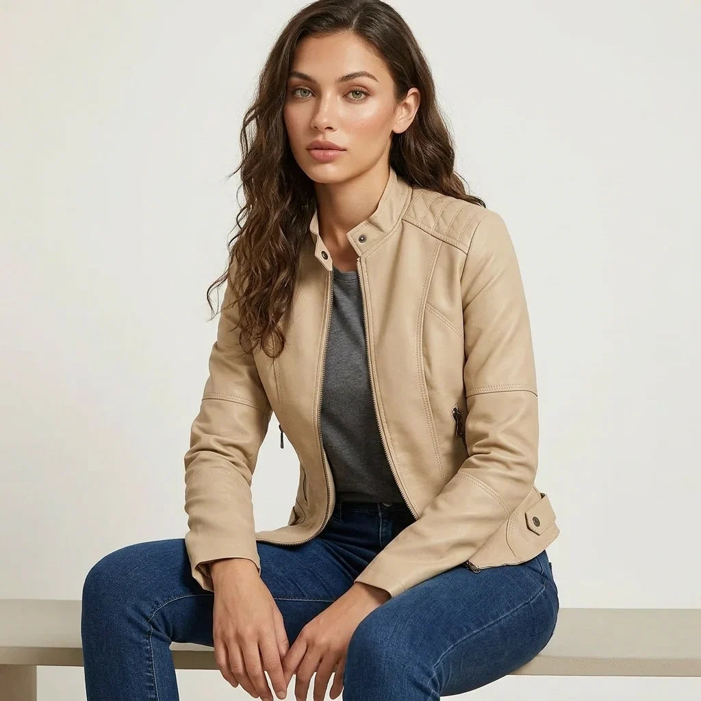 Ladies Tailored Leather Jacket with Zip Pockets and Press Stud Collar