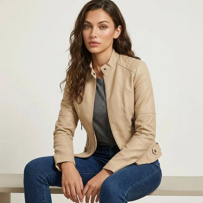 Ladies Tailored Leather Jacket with Zip Pockets and Press Stud Collar
