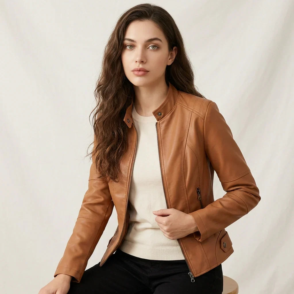 Ladies Tailored Leather Jacket with Zip Pockets and Press Stud Collar