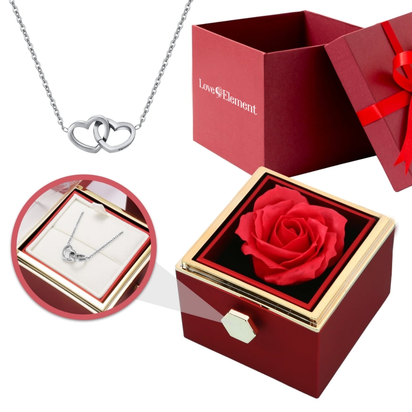 Gift Set with Real Rose & Double Heart Necklace