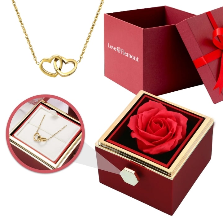Gift Set with Real Rose & Double Heart Necklace