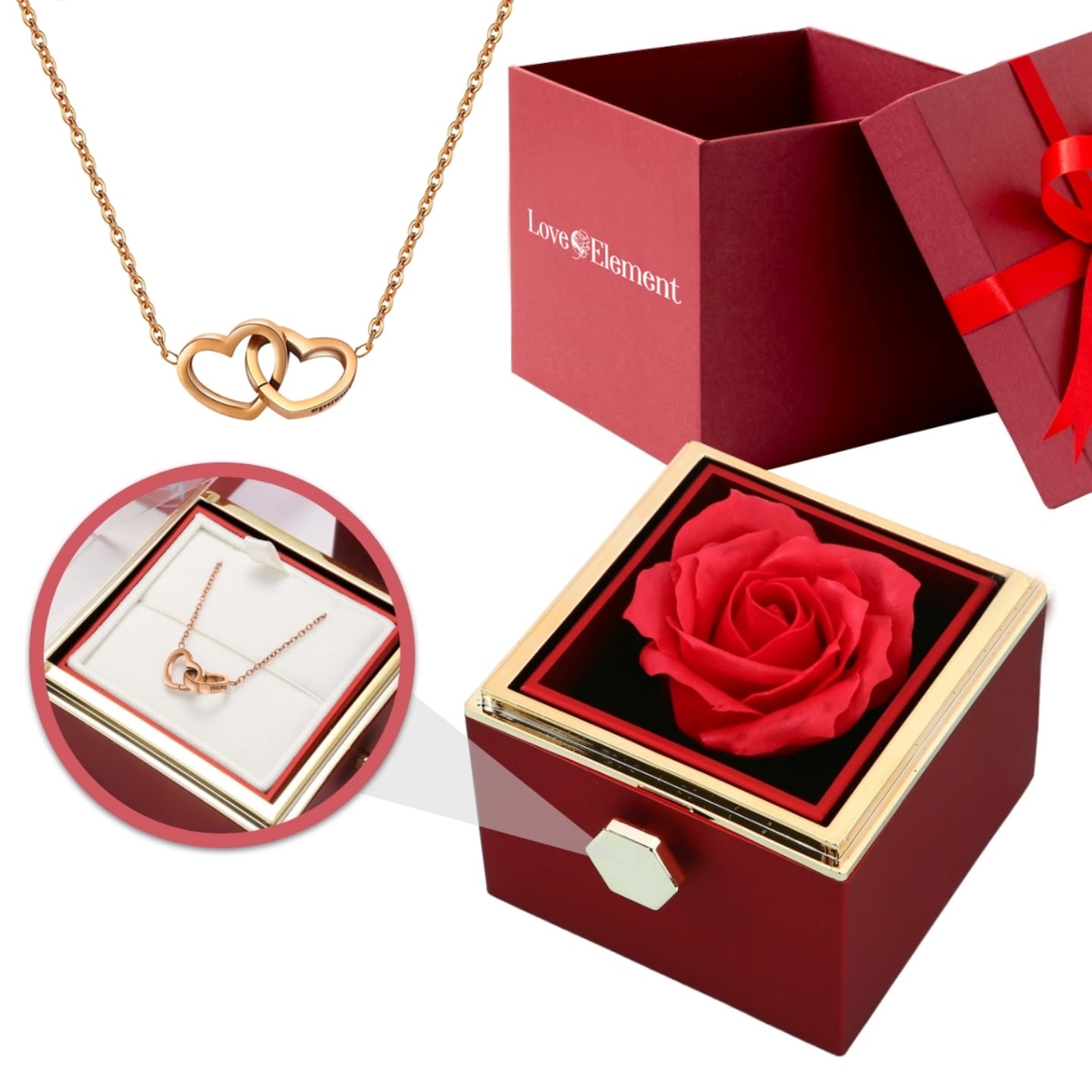 Gift Set with Real Rose & Double Heart Necklace