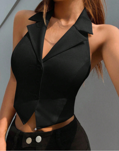 Tailored Women's Black Gilet Top with Sleeveless Design and Button Closure