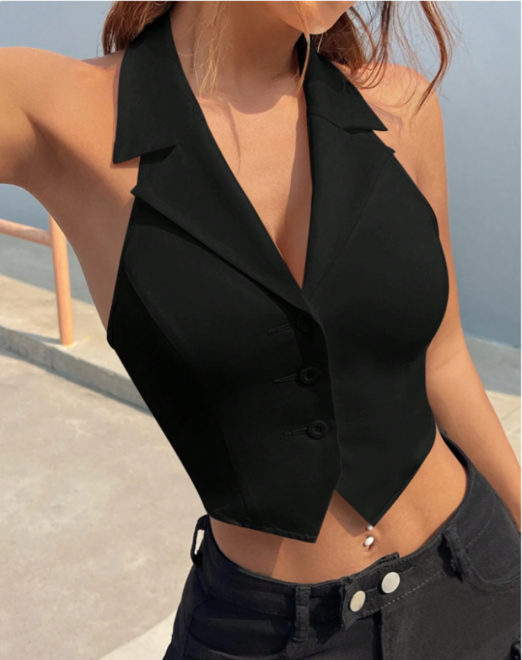 Tailored Women's Black Gilet Top with Sleeveless Design and Button Closure