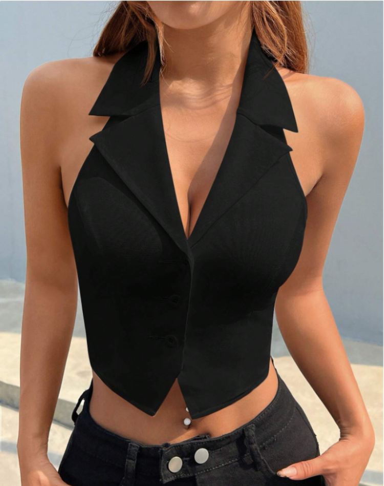 Tailored Women's Black Gilet Top with Sleeveless Design and Button Closure