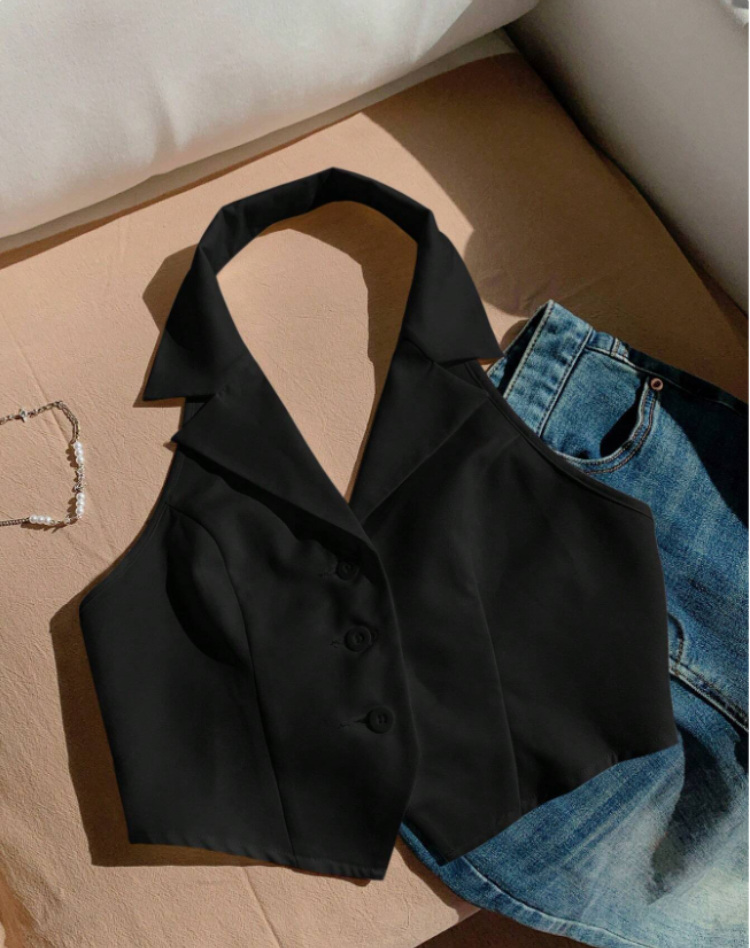 Tailored Women's Black Gilet Top with Sleeveless Design and Button Closure