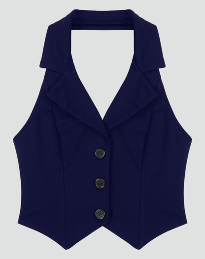 Tailored Women's Black Gilet Top with Sleeveless Design and Button Closure