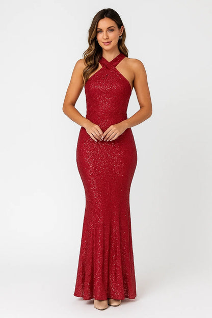 Ladies Glamorous Glitter Evening Dress with Cross Neckline and Open Back