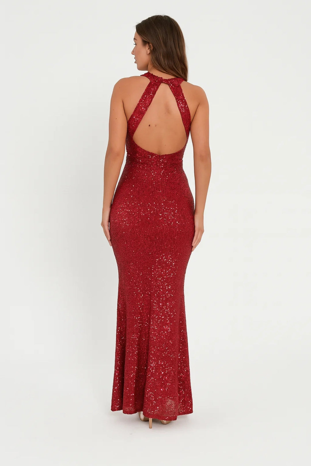 Ladies Glamorous Glitter Evening Dress with Cross Neckline and Open Back
