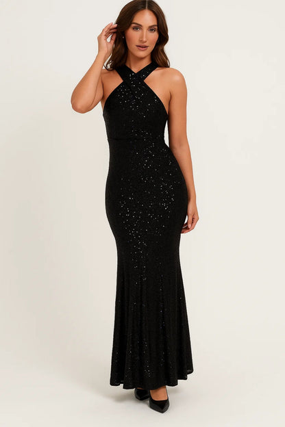 Ladies Glamorous Glitter Evening Dress with Cross Neckline and Open Back