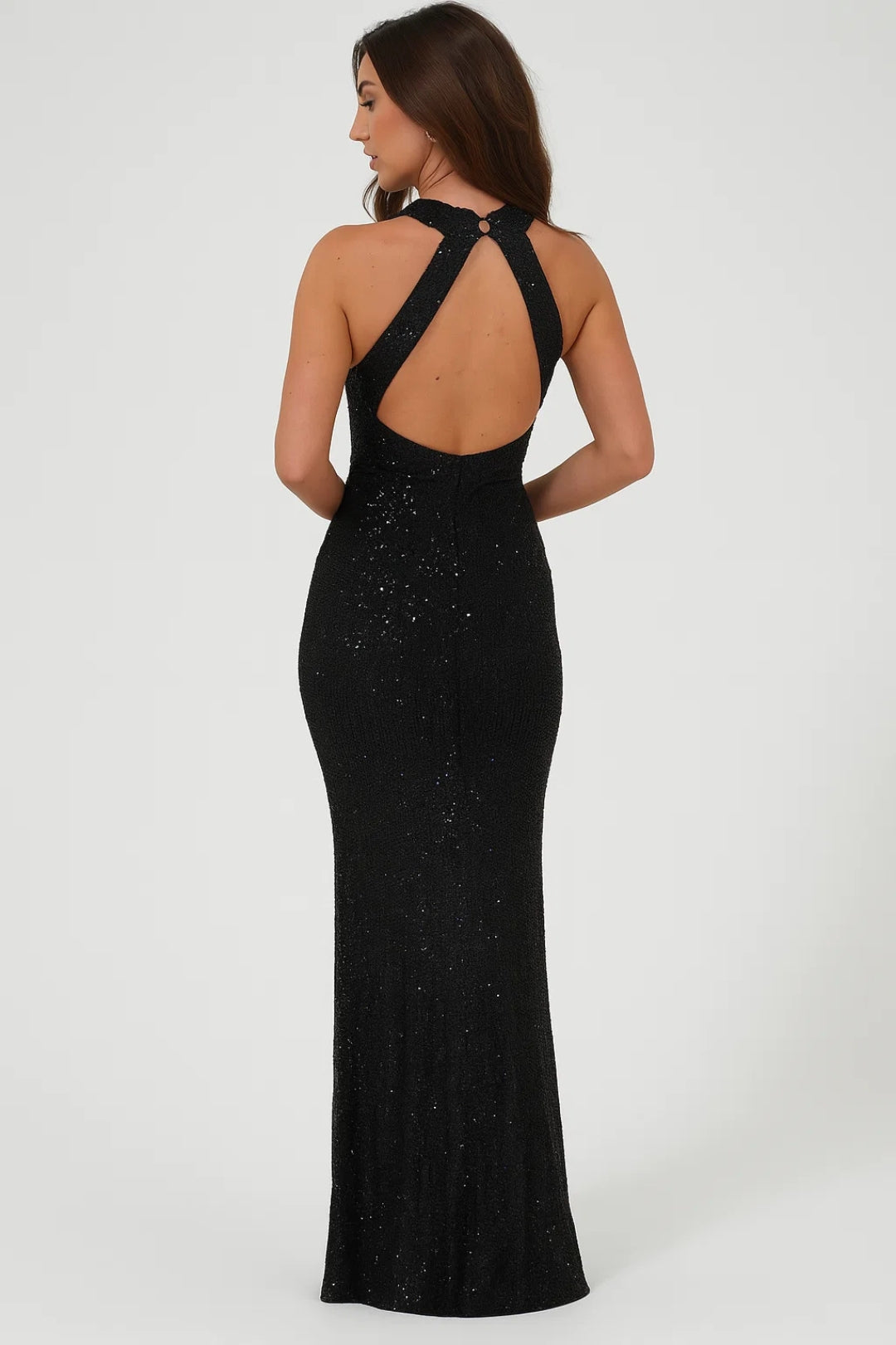 Ladies Glamorous Glitter Evening Dress with Cross Neckline and Open Back