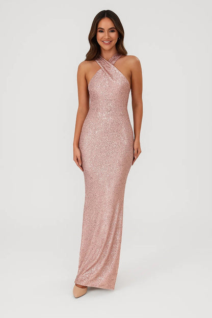 Ladies Glamorous Glitter Evening Dress with Cross Neckline and Open Back