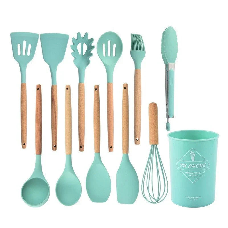 Non-Toxic Silicone Cooking Utensil Set - BPA-Free - Wooden Handles