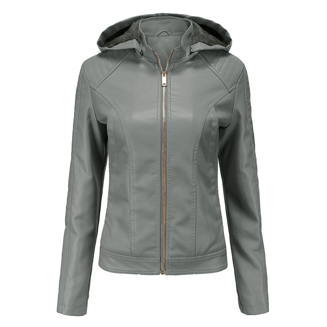 Leather Ladies Jacket with Removable Hood and Zipper