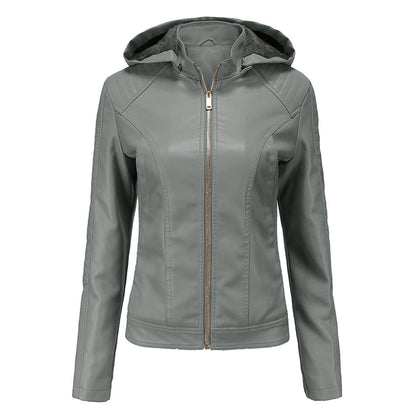 Leather Ladies Jacket with Removable Hood and Zipper