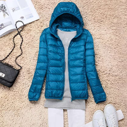 Chaqueta de plumón ultraligera y plegable con capucha para mujer
