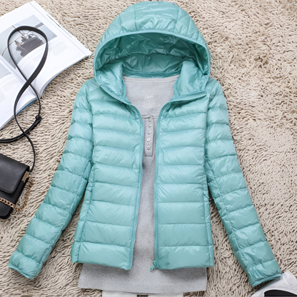 Chaqueta de plumón ultraligera y plegable con capucha para mujer