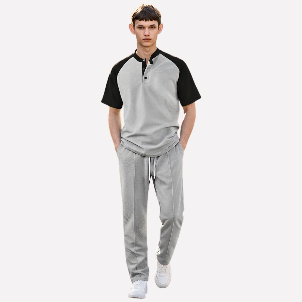 Men's Button-Up Shirt and Waffle Long Trouser Lounge Set