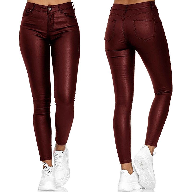 Ladies' Faux Leather Skinny Trousers with Stretch and Pockets