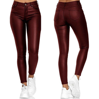 Ladies' Faux Leather Skinny Trousers with Stretch and Pockets