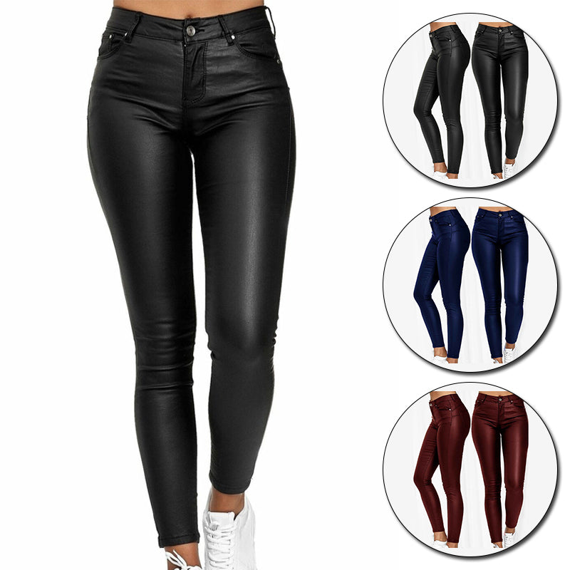 Ladies' Faux Leather Skinny Trousers with Stretch and Pockets