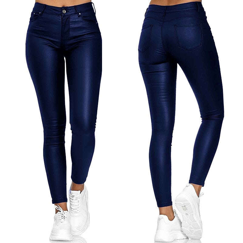 Ladies' Faux Leather Skinny Trousers with Stretch and Pockets