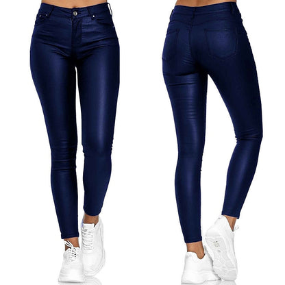 Ladies' Faux Leather Skinny Trousers with Stretch and Pockets