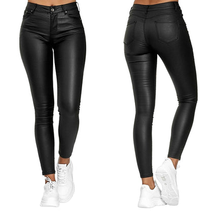 Ladies' Faux Leather Skinny Trousers with Stretch and Pockets