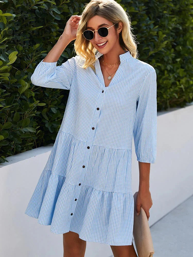 Damen-Strandkleid mit halblangen Ärmeln, V-Ausschnitt, Patchwork und Knöpfen – Ella