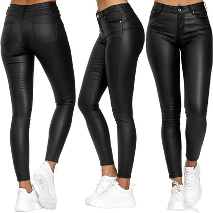 Ladies' Faux Leather Skinny Trousers with Stretch and Pockets