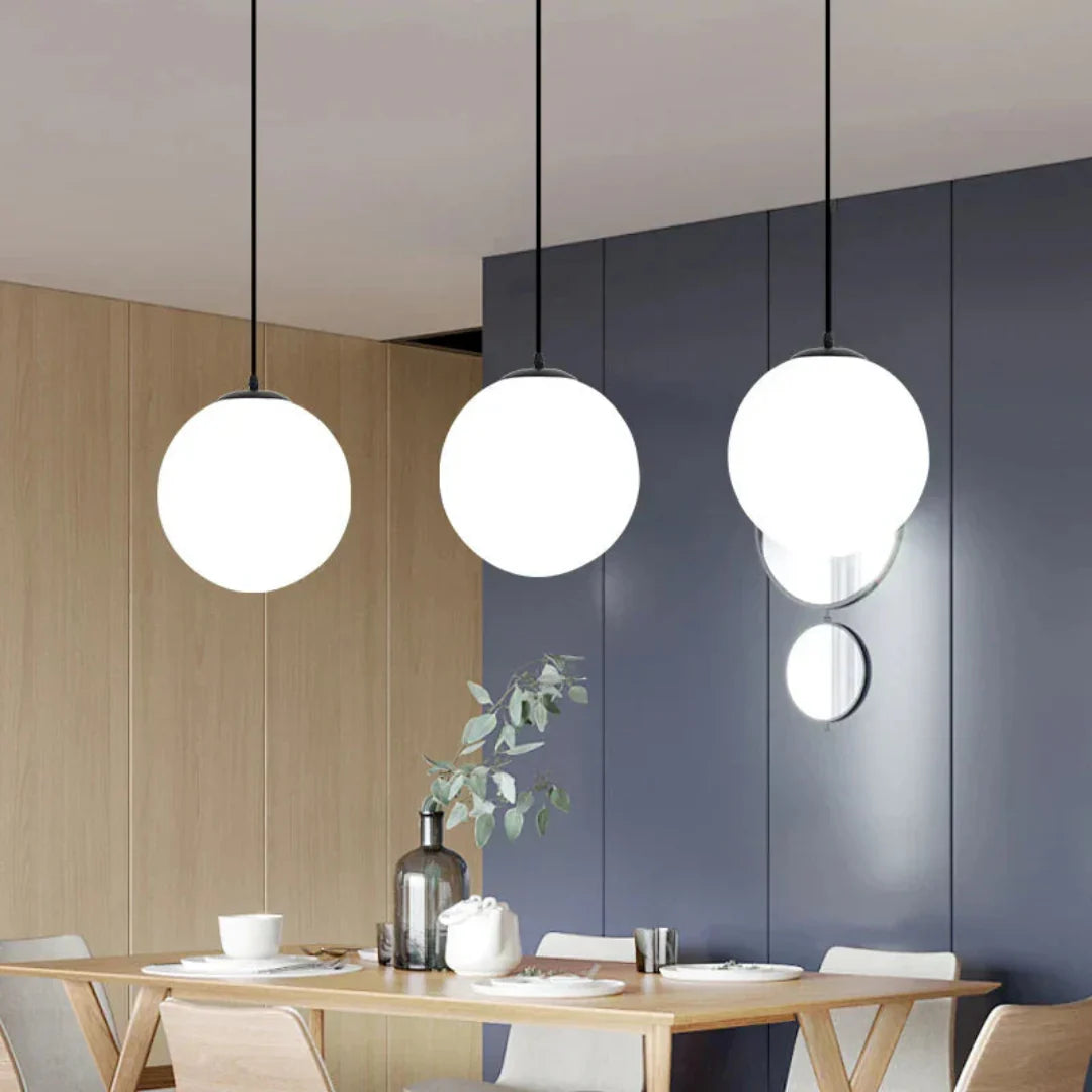 Modern Glass Pendant Lights with White Spherical Lamp Shades