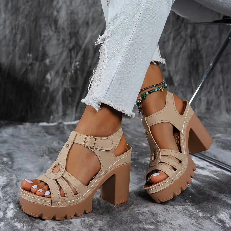 Heeled sandals with T-strap