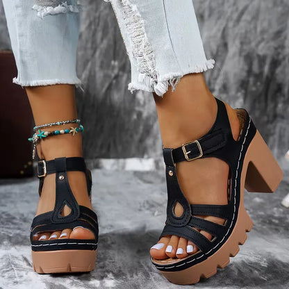 Heeled sandals with T-strap