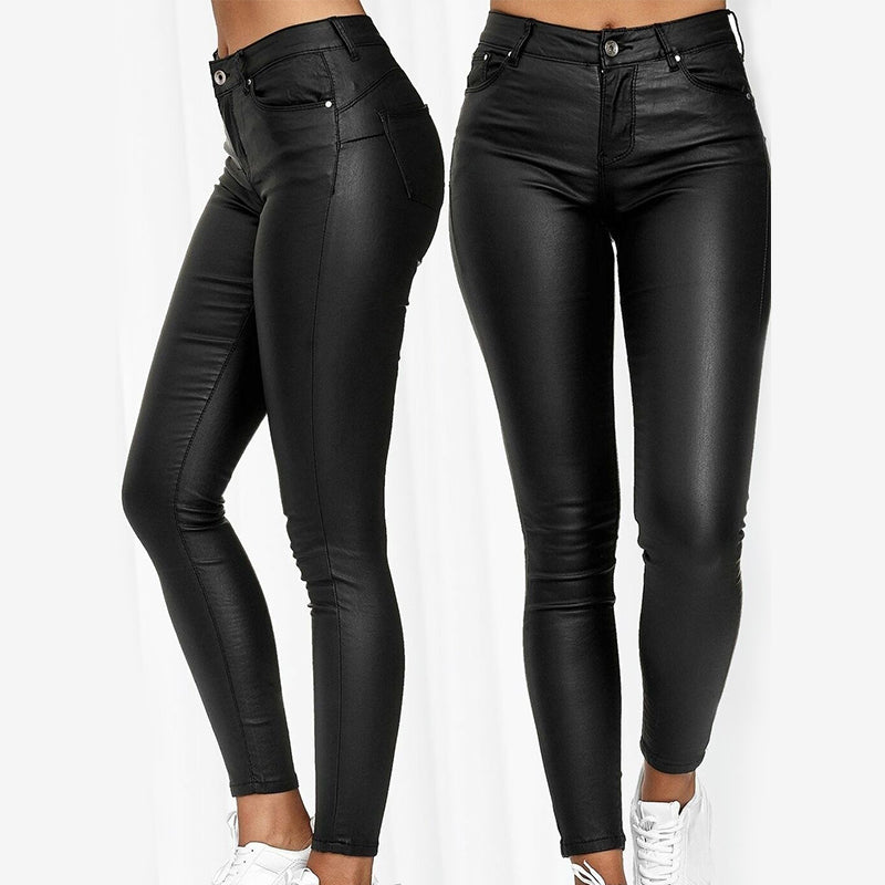 Ladies' Faux Leather Skinny Trousers with Stretch and Pockets