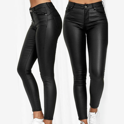 Ladies' Faux Leather Skinny Trousers with Stretch and Pockets