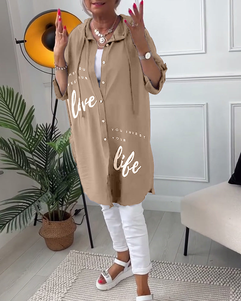 Hooded Blouse with Buttons and Letter Print