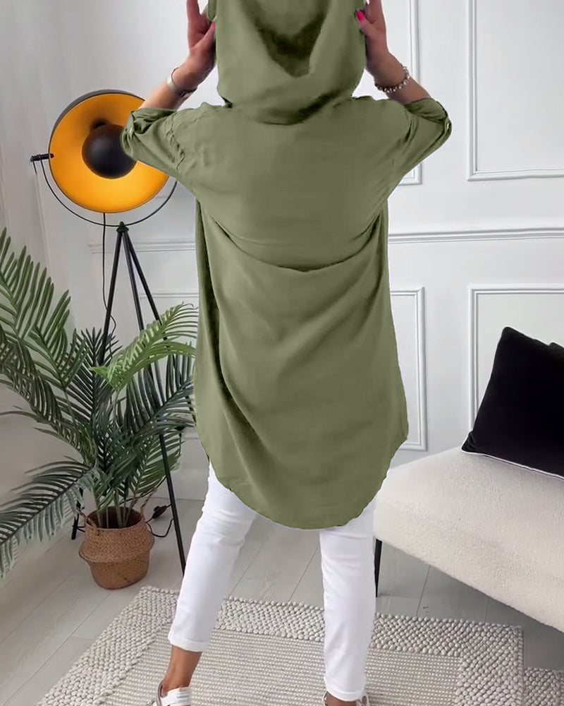 Hooded Blouse with Buttons and Letter Print