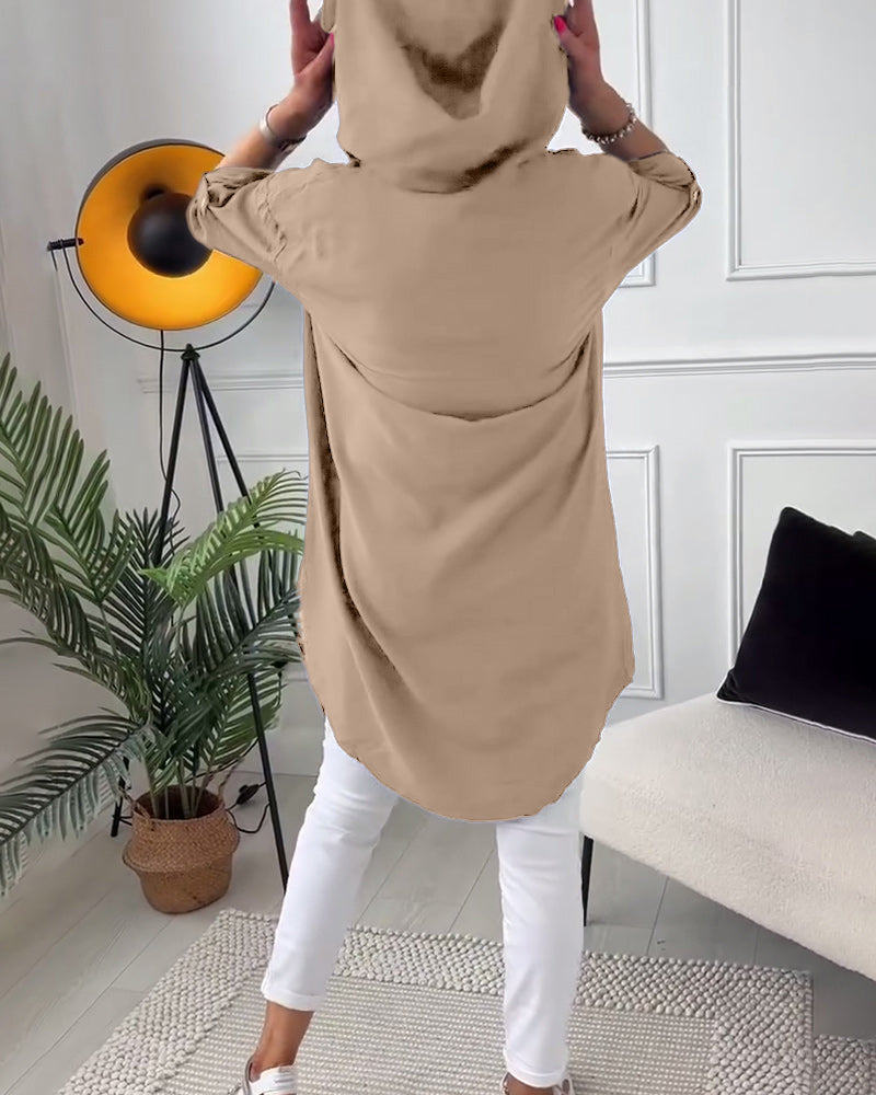 Hooded Blouse with Buttons and Letter Print