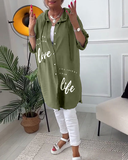 Hooded Blouse with Buttons and Letter Print
