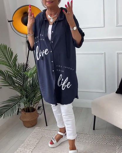 Hooded Blouse with Buttons and Letter Print