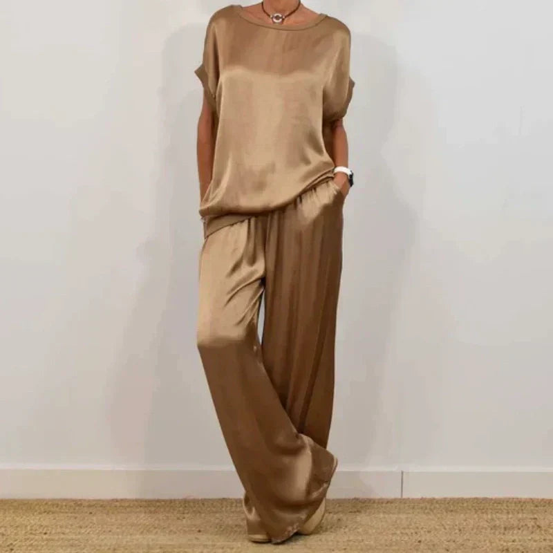 Ladies Two-Piece Satin Set with Top and Wide Trousers